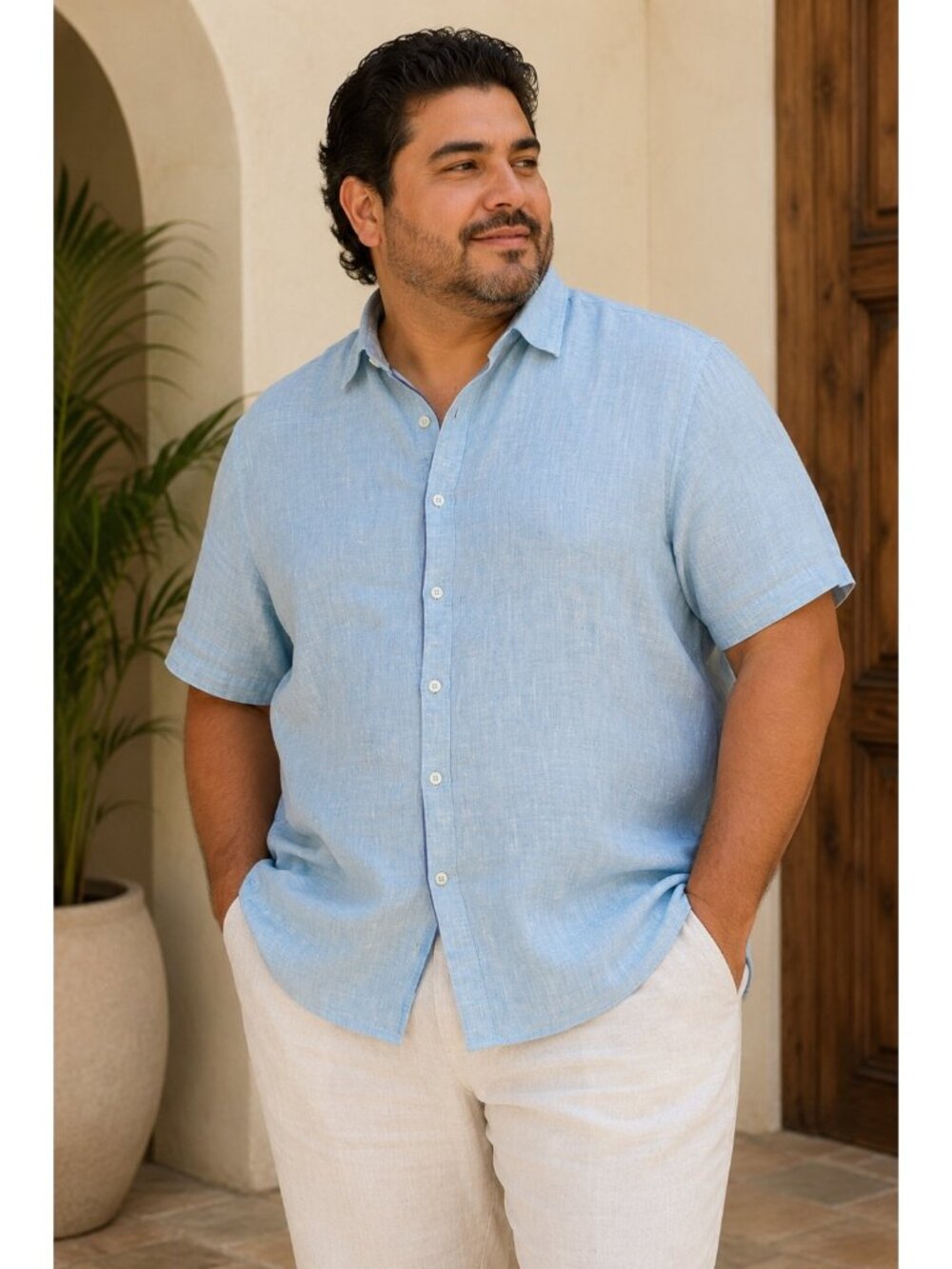 Zachary Prell 100% Linen Button Front Shirt XXL Light Blue Short Sleeve Resort C
